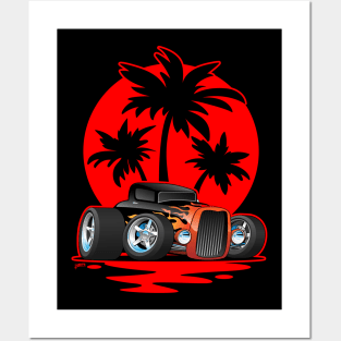 Classic 30s Style Hot Rod Car at Sunset with Palm Trees Posters and Art